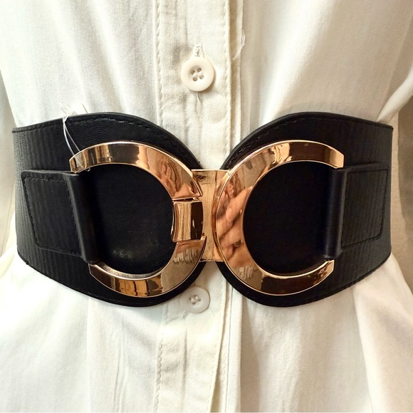 Accessories - Black PU leather elastic waistband belt belt with gold tone buckle